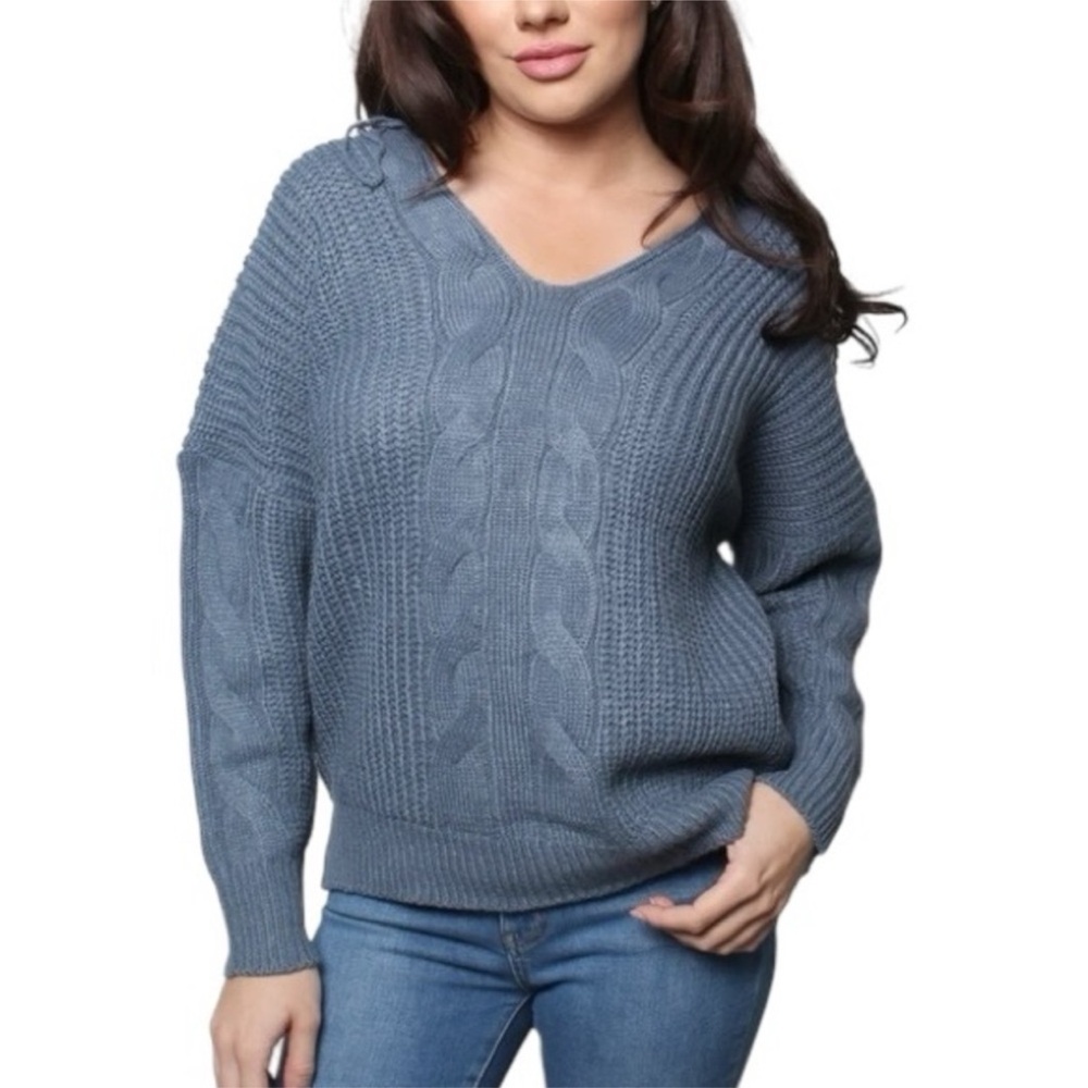 Poof Apparel Double V-Neck Cable Knit Sweater in Slate Blue, Size L